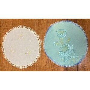 Vintage Crocheted Floral Lace Linen Doily Set 7.25" & 7.5" Round Embroidery Deco